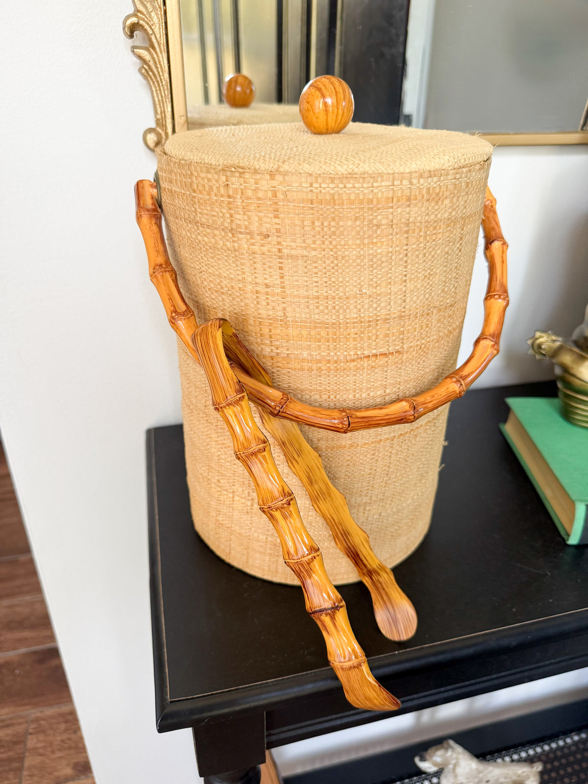 Vintage Woven Ice Bucket & Tongs